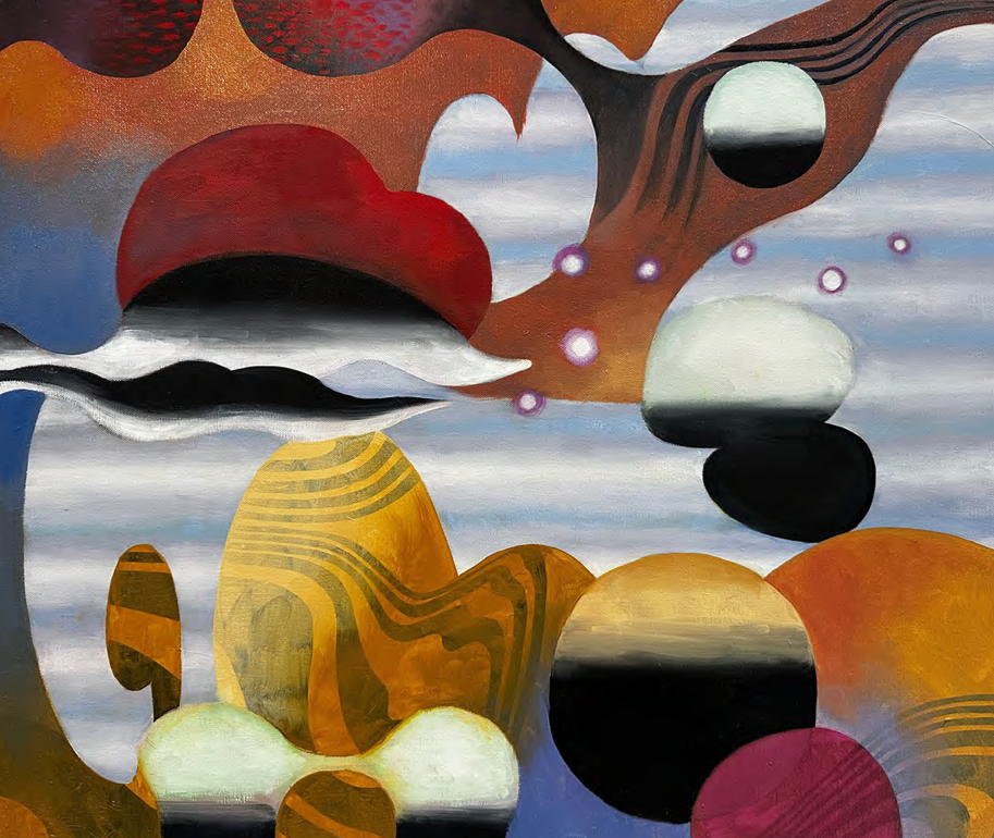 A surreal abstract composition featuring floating organic shapes, bold color contrasts, and a dreamlike atmosphere.