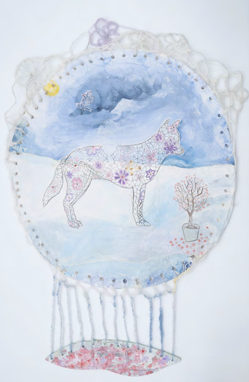 A whimsical mixed-media artwork featuring a geometric dog in a snowy landscape.