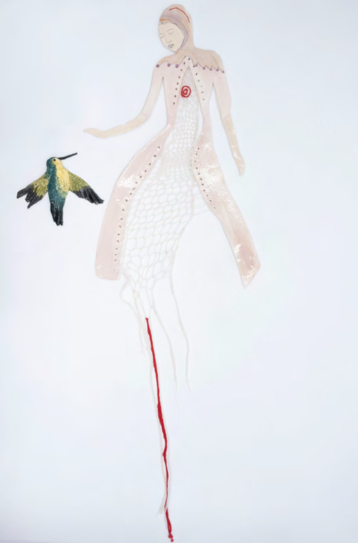 A surreal composition featuring a translucent figure in a netted dress and a hummingbird against a white background.