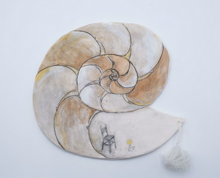 A whimsical drawing of a giant nautilus shell featuring a tiny chair and candle inside its spiral.