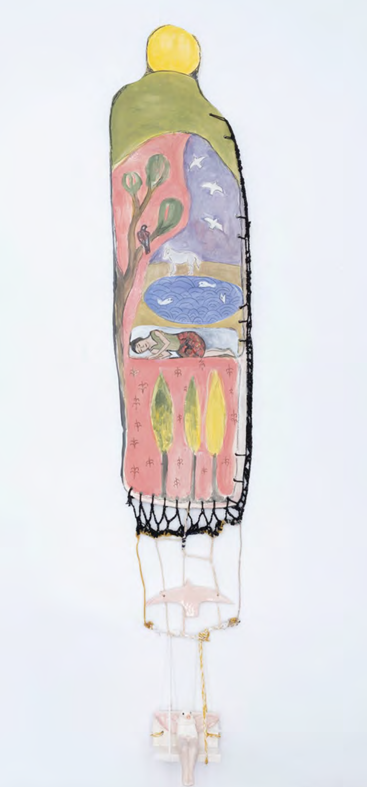 A vertical mixed-media artwork featuring a stitched figure with an internal landscape scene.