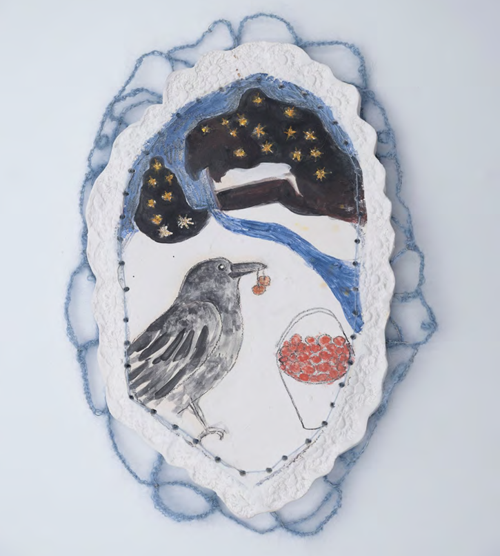 A textured ceramic panel featuring a bird, a night sky, and a basket of berries.