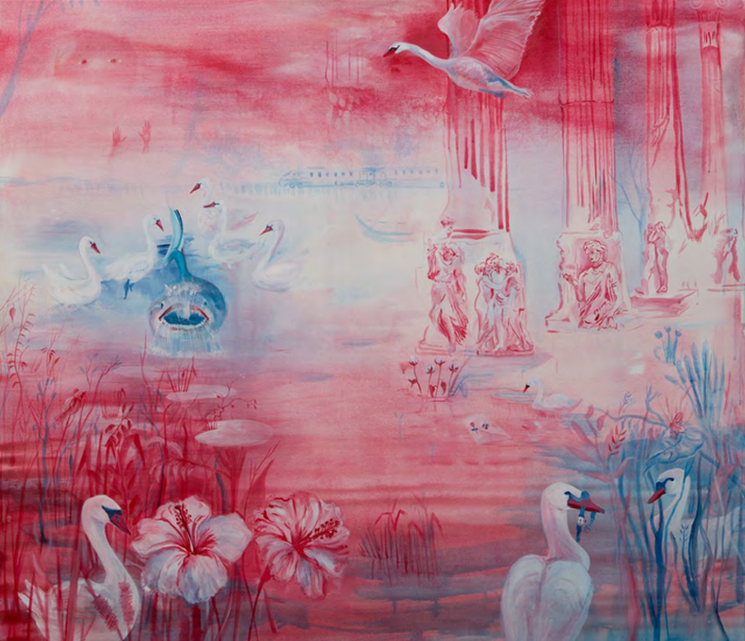 A surreal aquatic scene blending classical architecture with swans, flowers, and a whale in a pink and blue dreamlike landscape.