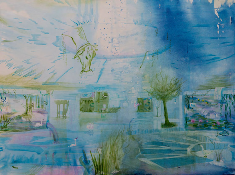 A dreamy watercolor scene of a sunlit greenhouse filled with swans and plants.