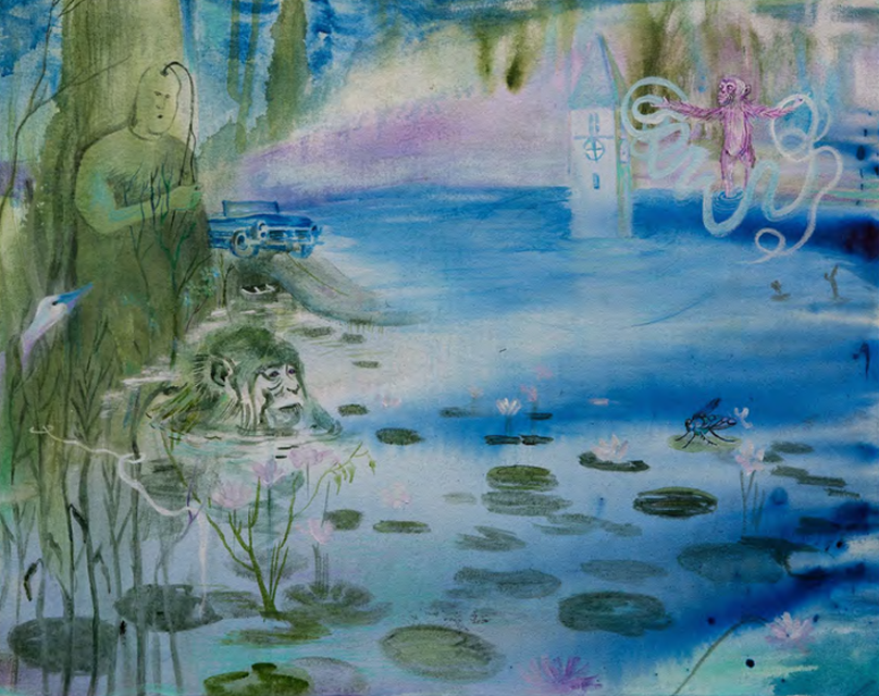 A surreal watercolor scene blending a flooded landscape with a vintage car, a submerged face, and a floating figure.