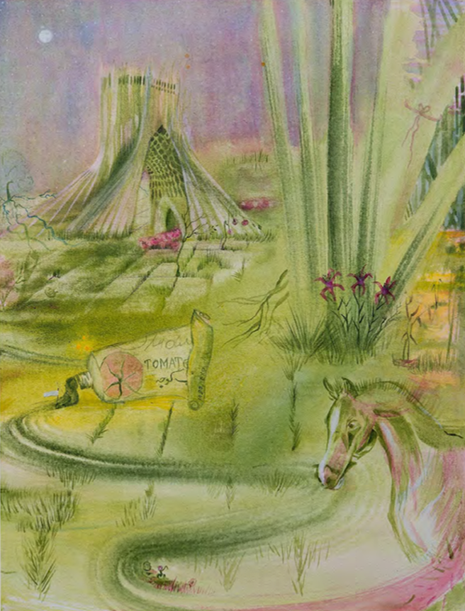A surreal landscape featuring a horse, a bottle, and a tent-like structure in a dreamy green and purple setting.