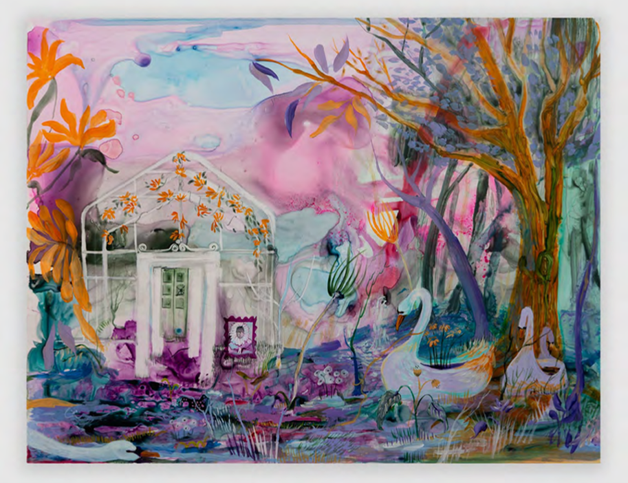 A whimsical, dreamlike garden scene featuring a greenhouse and swans in a vibrant, watercolor-style landscape.
