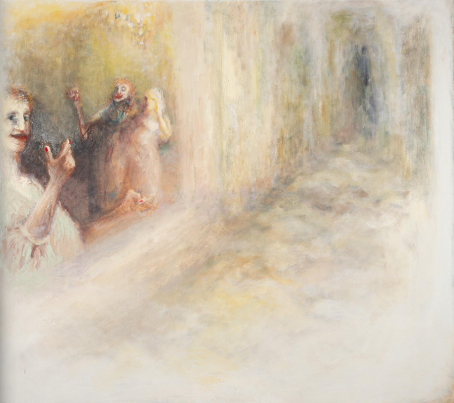 A soft, impressionistic scene of figures in a dimly lit room.