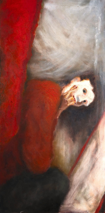 A dramatic portrait of a figure in red, partially obscured by shadow and texture.