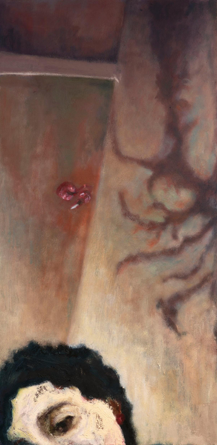 A close-up portrait of a figure with dark hair and pale skin, set against a textured wall with abstract markings.