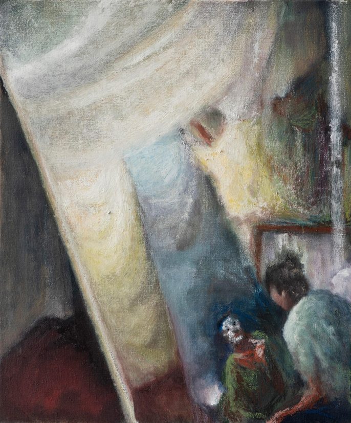 A figure in green sits before a large easel, painting under soft, diffused light.