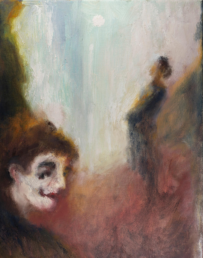 A painterly portrait of a clown figure with a blurred background.