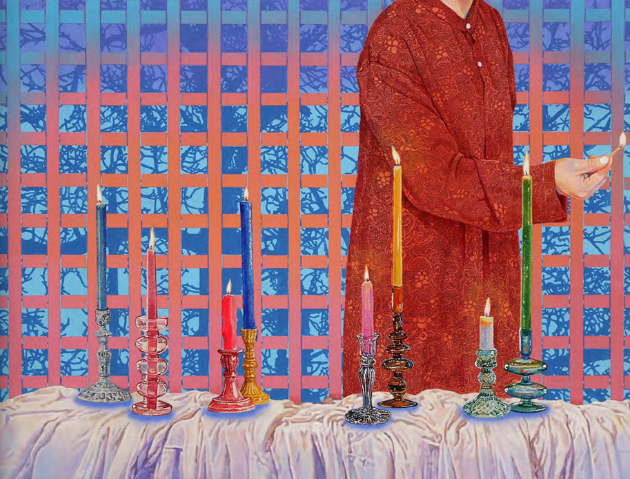 A figure in a red robe lights candles on a table against a patterned background.