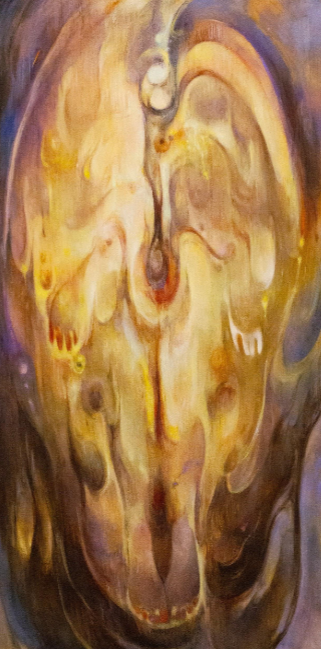 A vertical portrait painting of a face rendered in fluid, swirling colors.