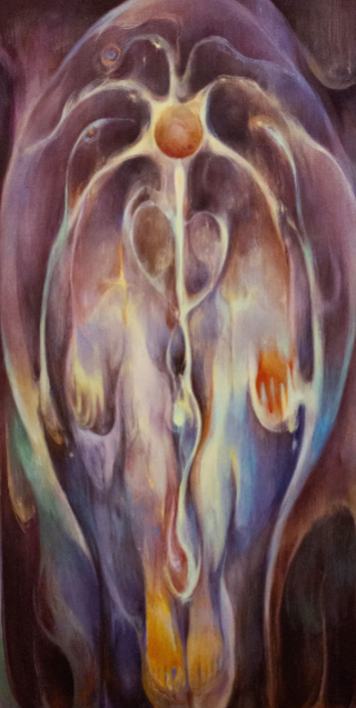 A vertical abstract painting featuring a central glowing orb and branching, vein-like structures against a dark background.