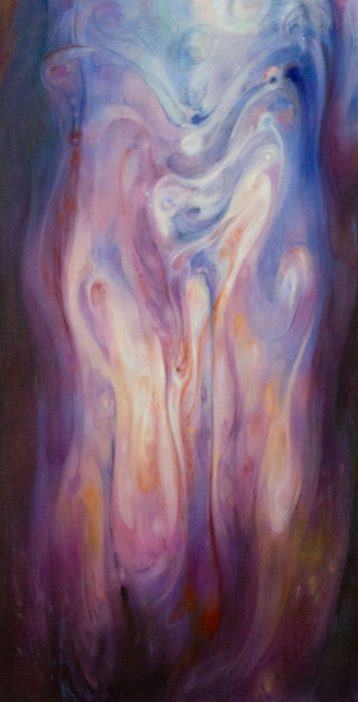 A vertical abstract painting featuring swirling, fluid forms in a palette of deep purples, blues, and warm pinks.