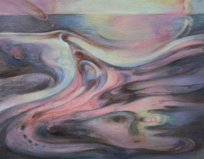 A dreamy abstract painting of swirling organic forms in pastel pinks, purples, and blues.