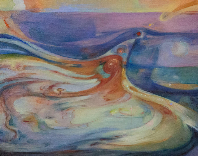 An abstract painting of a figure emerging from swirling colors.