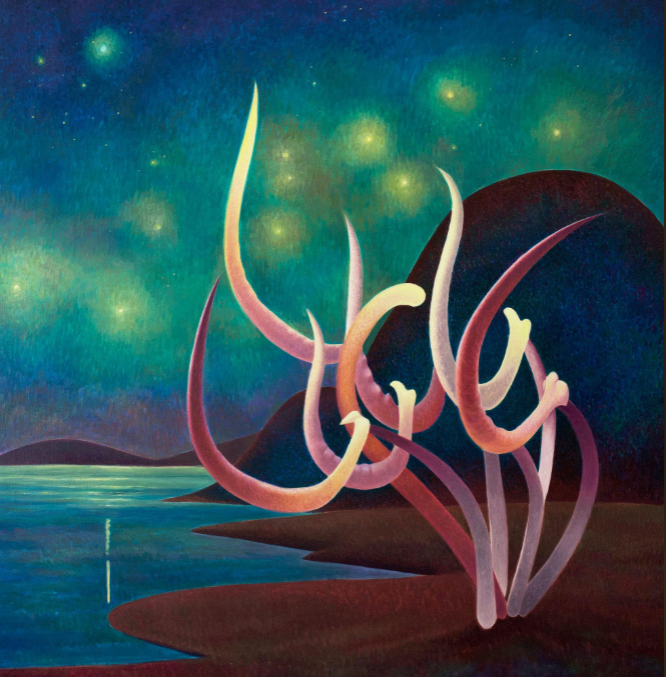 A surreal night scene featuring a glowing, abstract plant-like form against a starry sky.