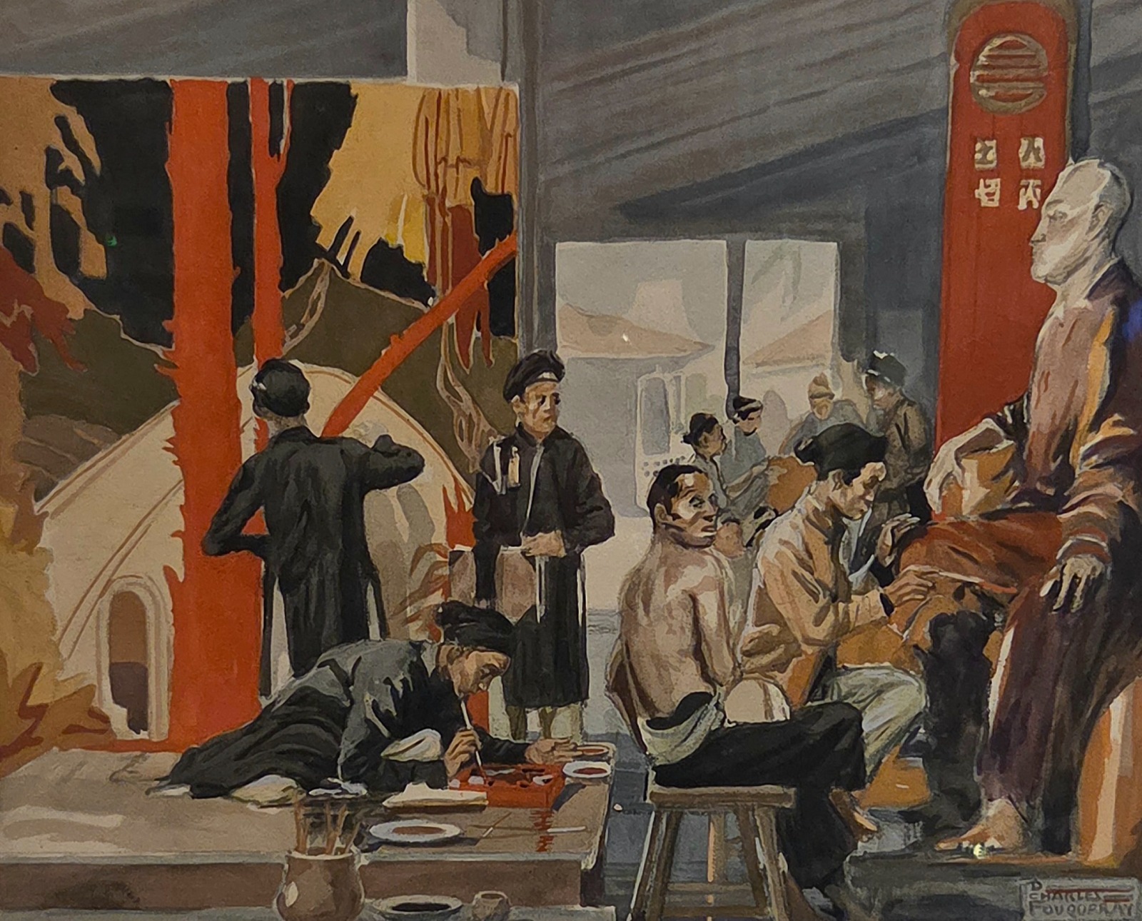 A group of figures in a dimly lit room, observing a large painting being created.