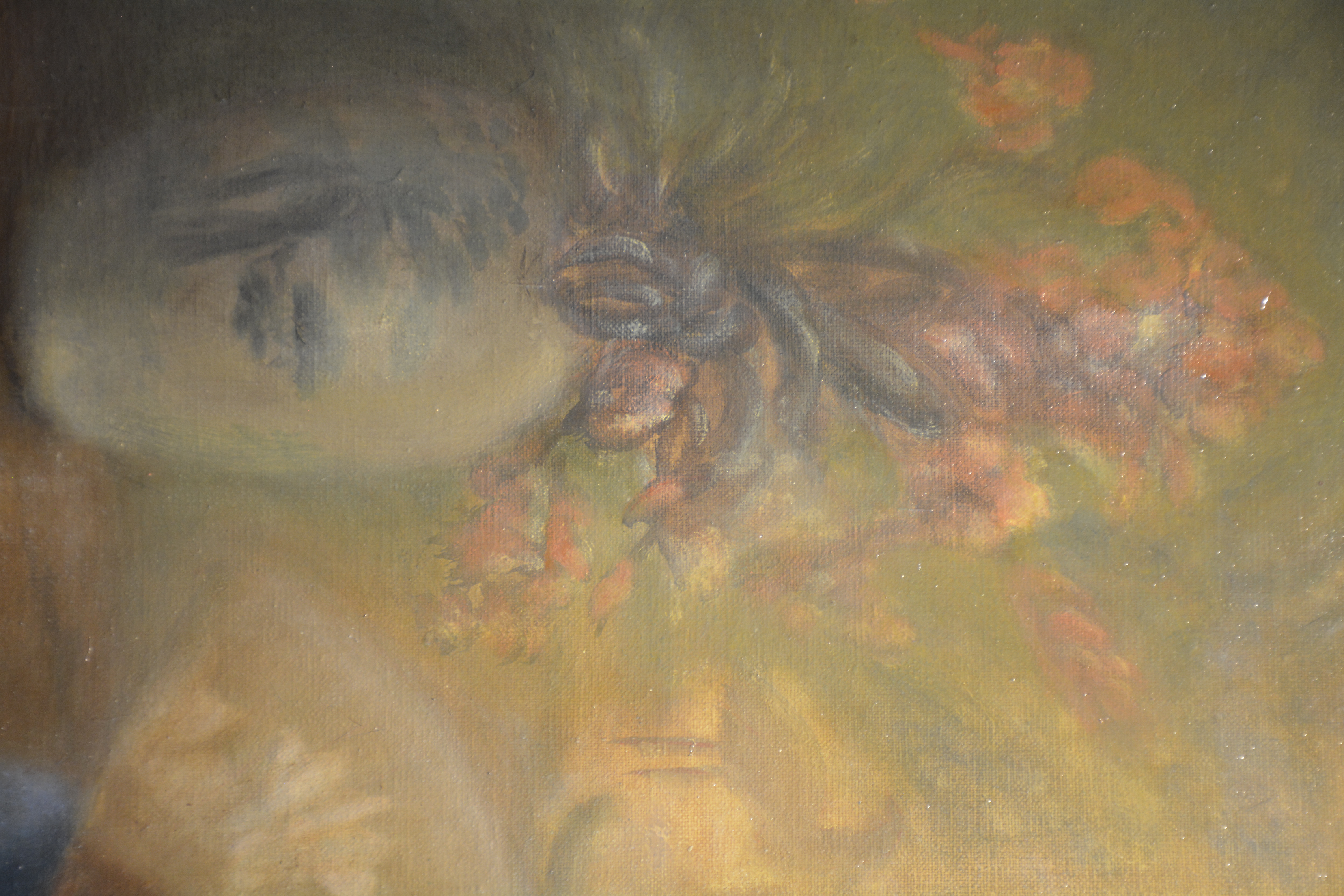 A serene portrait of a seated figure in a blue dress holding a fan, illuminated by a radiant golden glow.