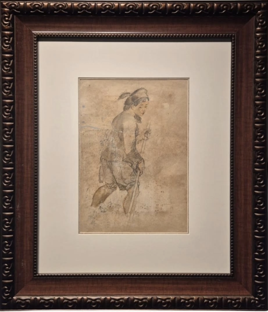 A framed charcoal sketch of a figure in motion, rendered with loose, expressive strokes.