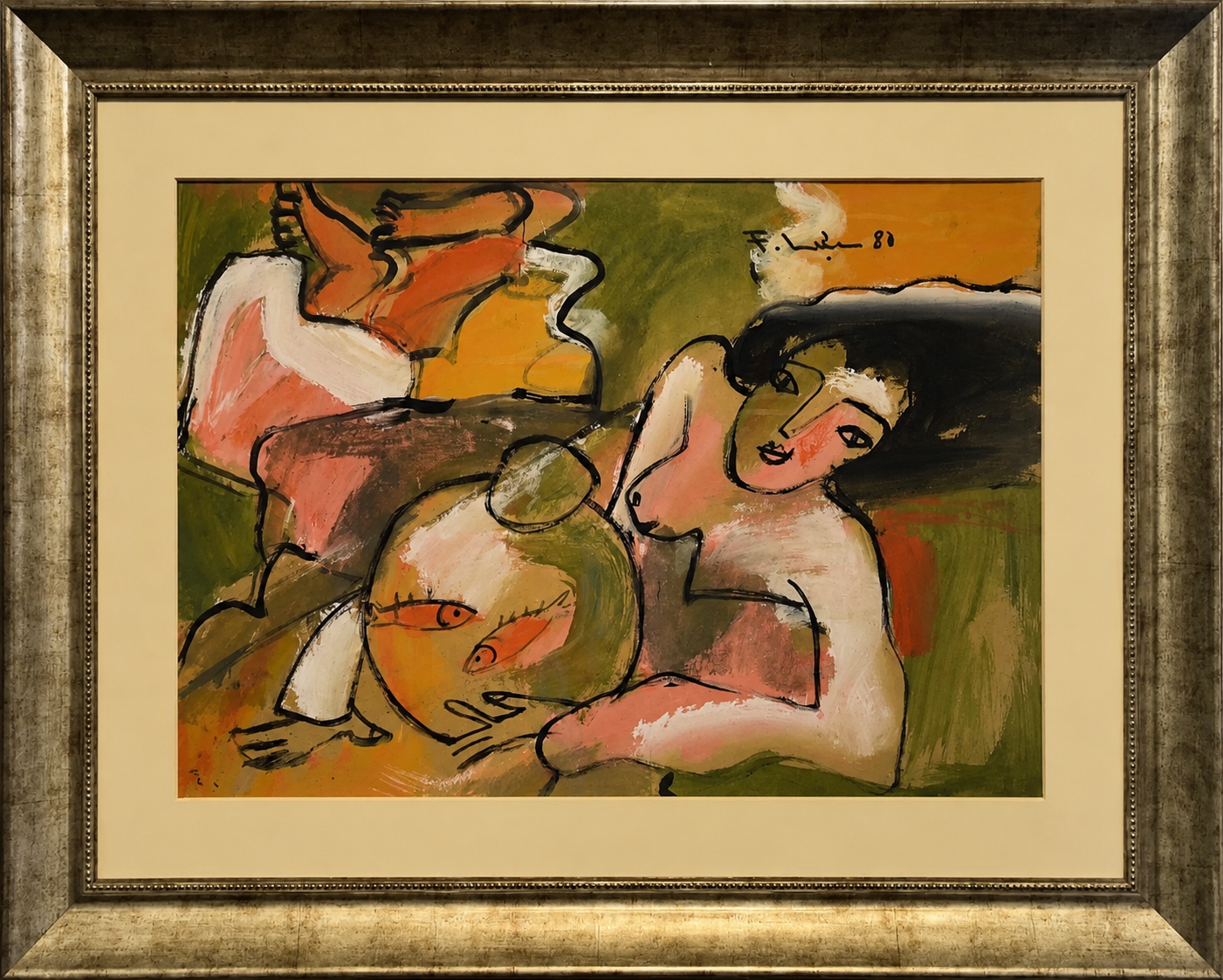 A vibrant, abstract painting of a reclining figure with a fish motif in the foreground.