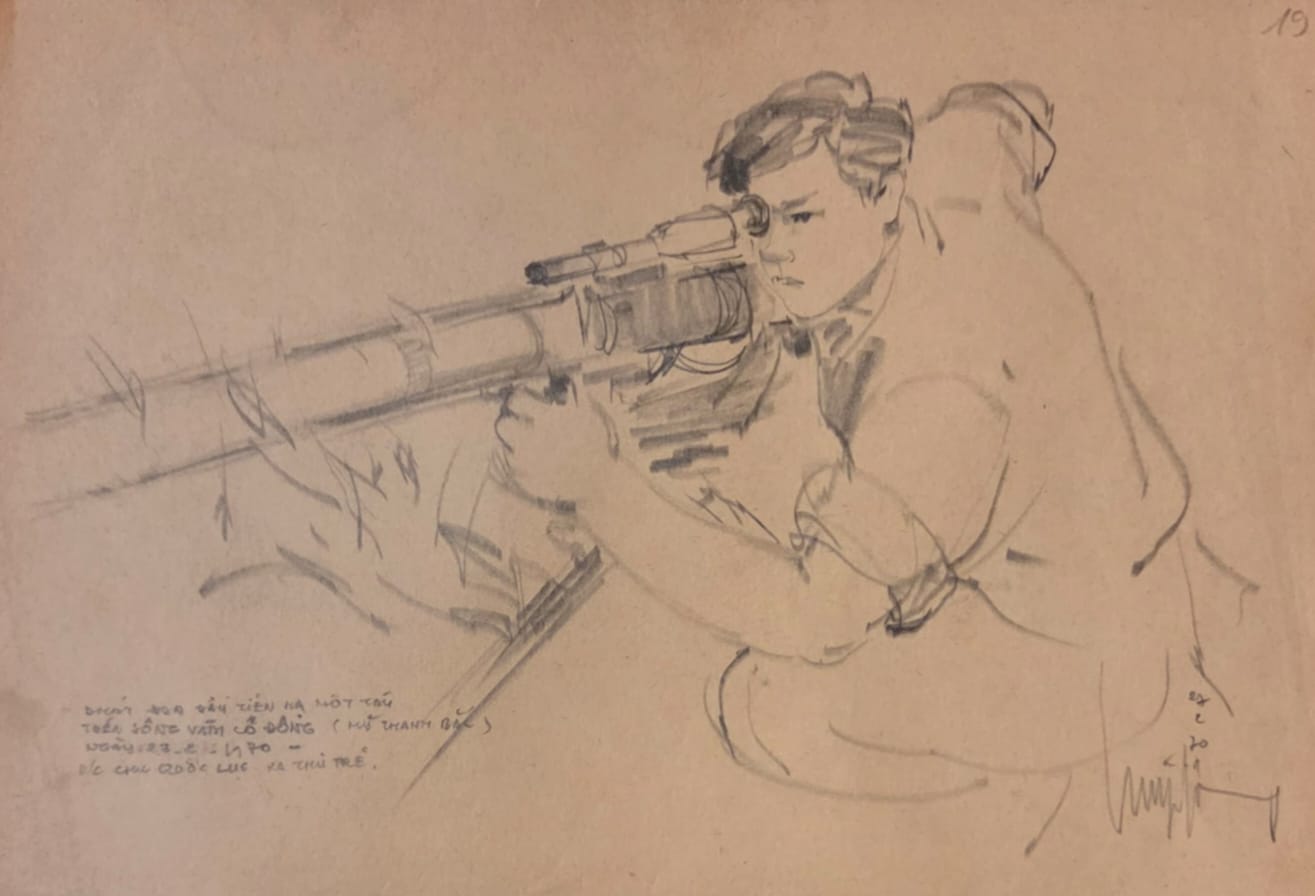 A sketch of a figure aiming a rifle with intense focus.