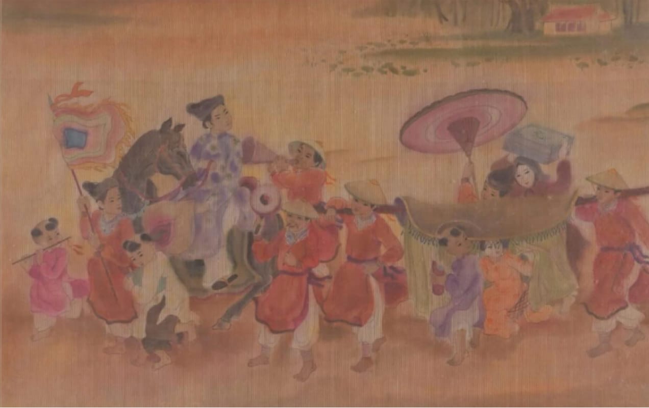 A traditional painting of a festive procession featuring figures in colorful robes, a horse, and ceremonial objects.