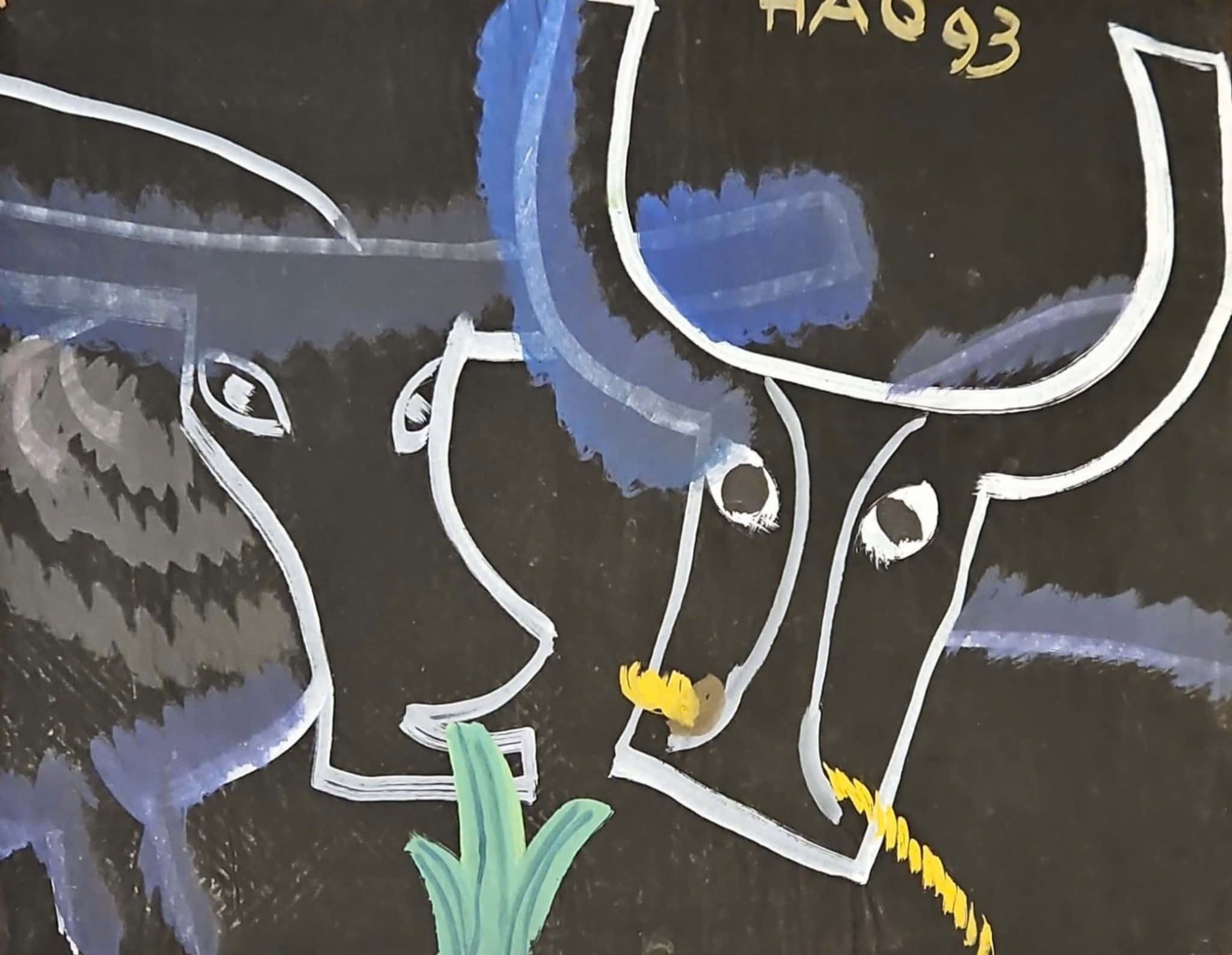A graphic illustration of a bull's head in profile against a dark background.