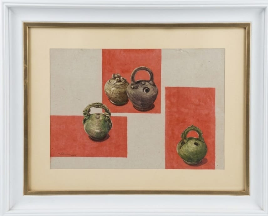 A still life composition featuring four small ceramic vessels arranged against a geometric background of red and beige squares.