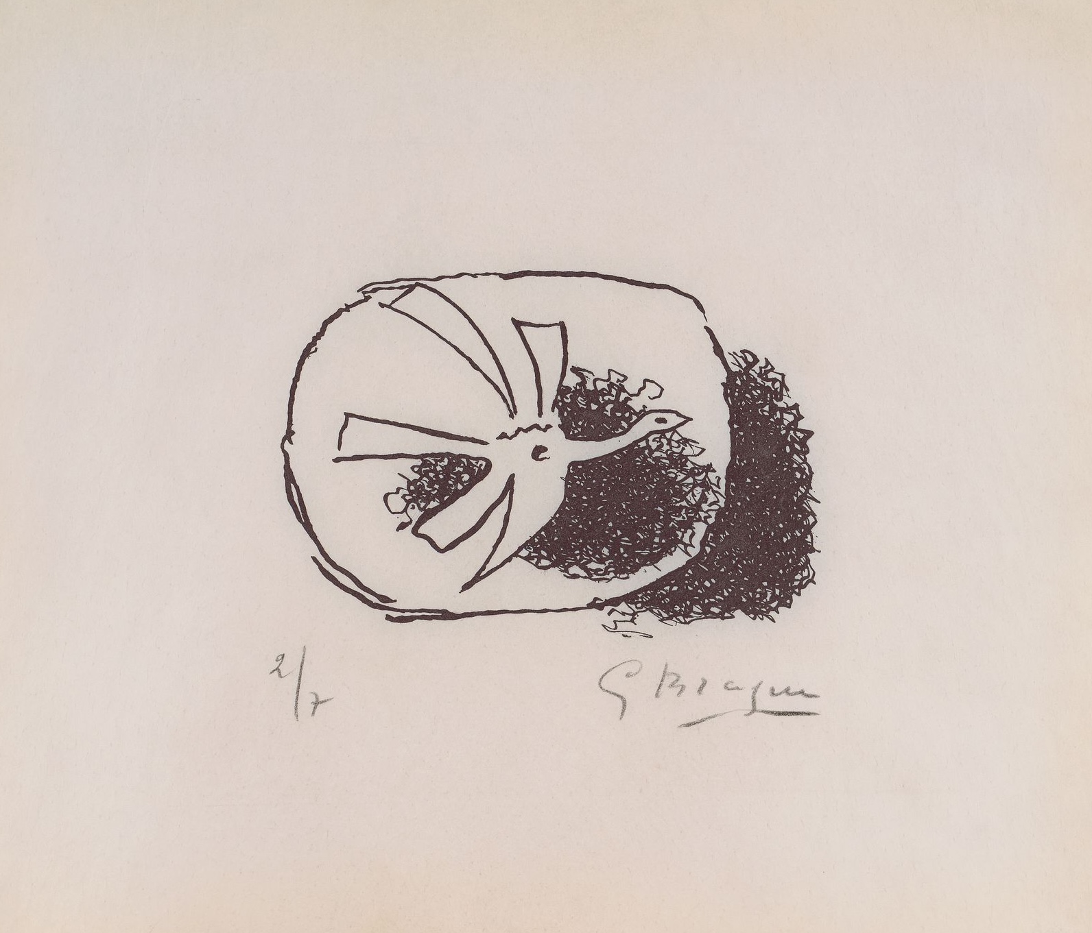 A minimalist ink drawing of a stylized bird emerging from a dark, textured nest.