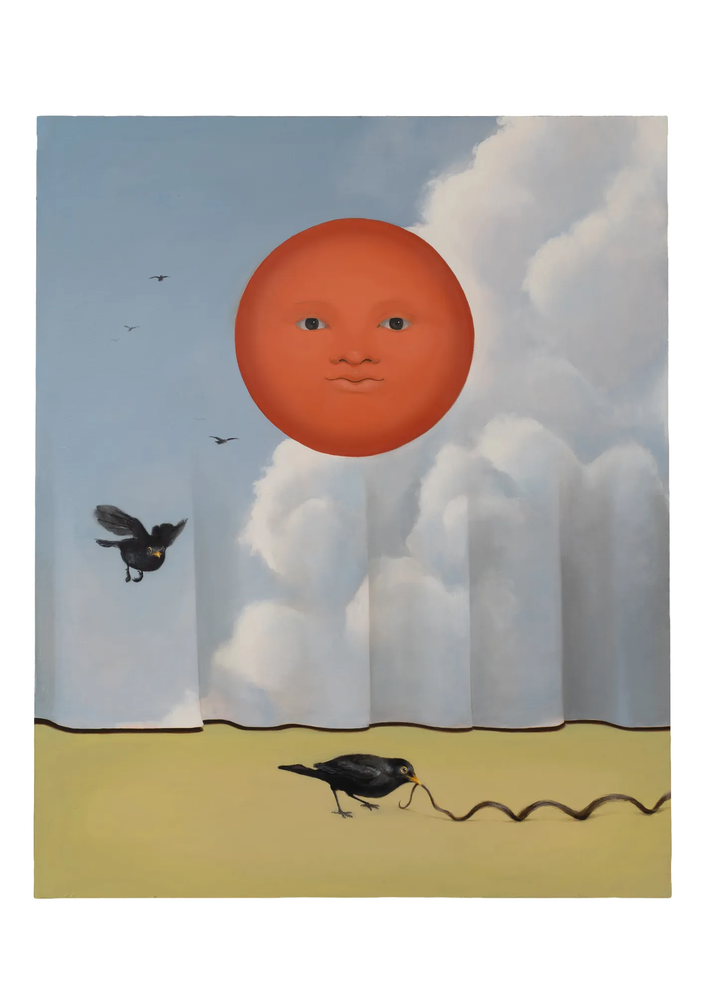 A painting of a sun with a bird flying in front of it.