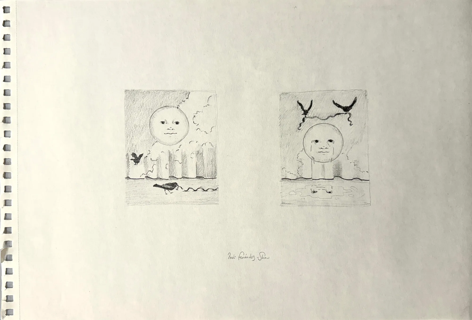 A drawing of a sun and a bird flying over a body of water.