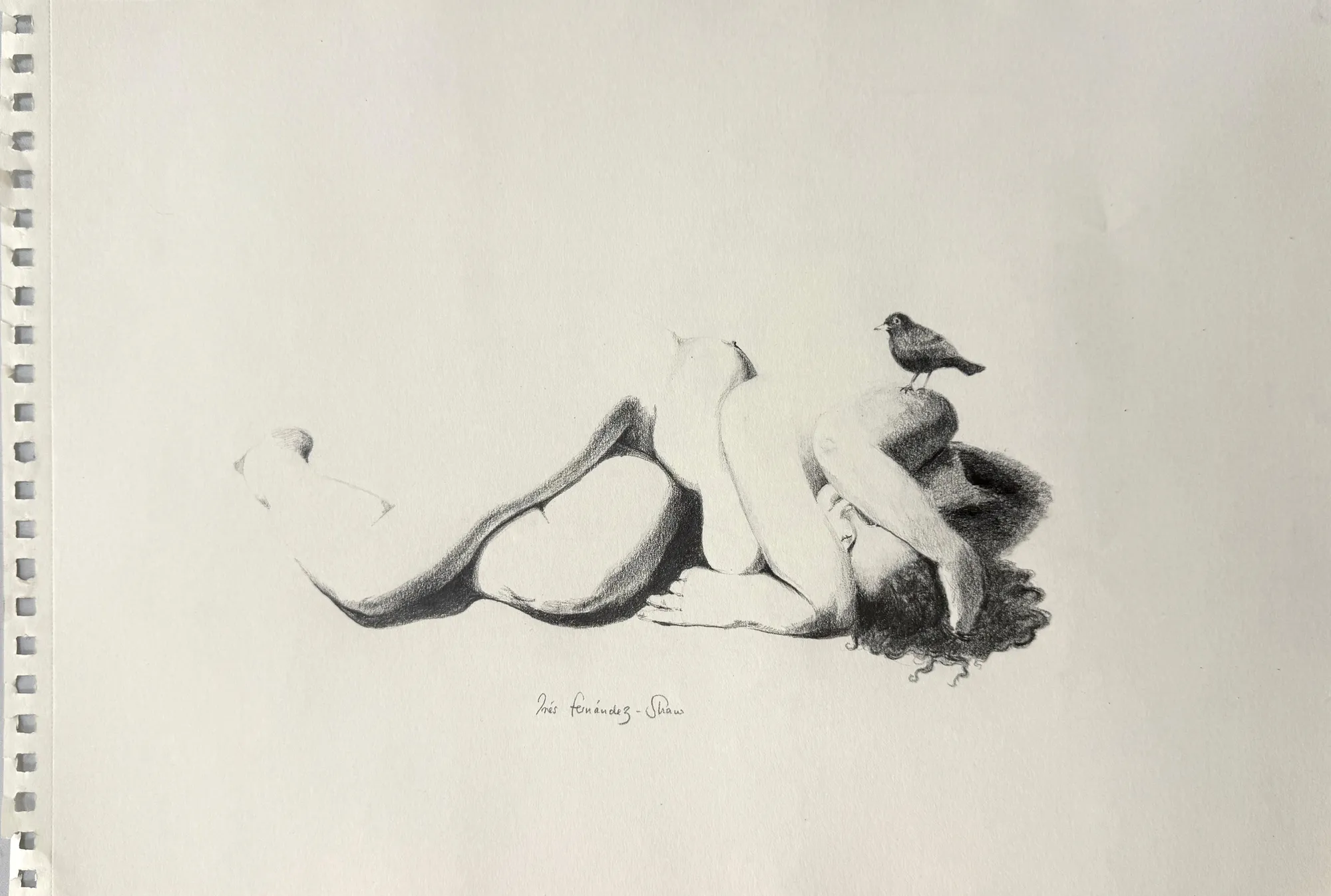 A drawing of a woman laying down with a bird on her head.