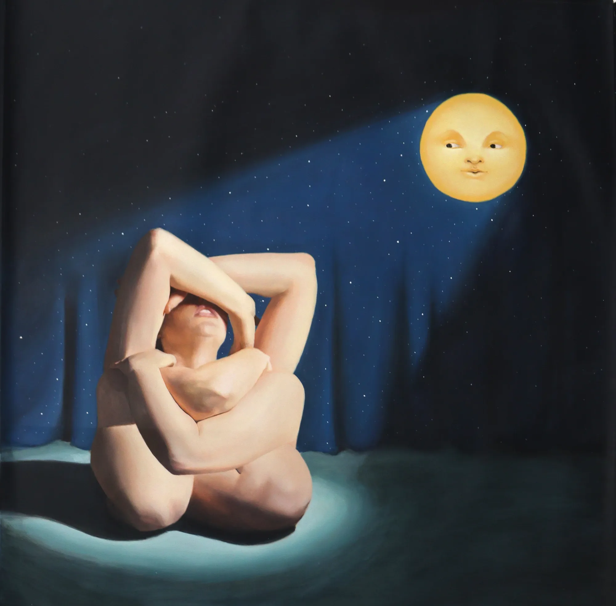 A painting of a woman sitting on a bed with a moon in the background.