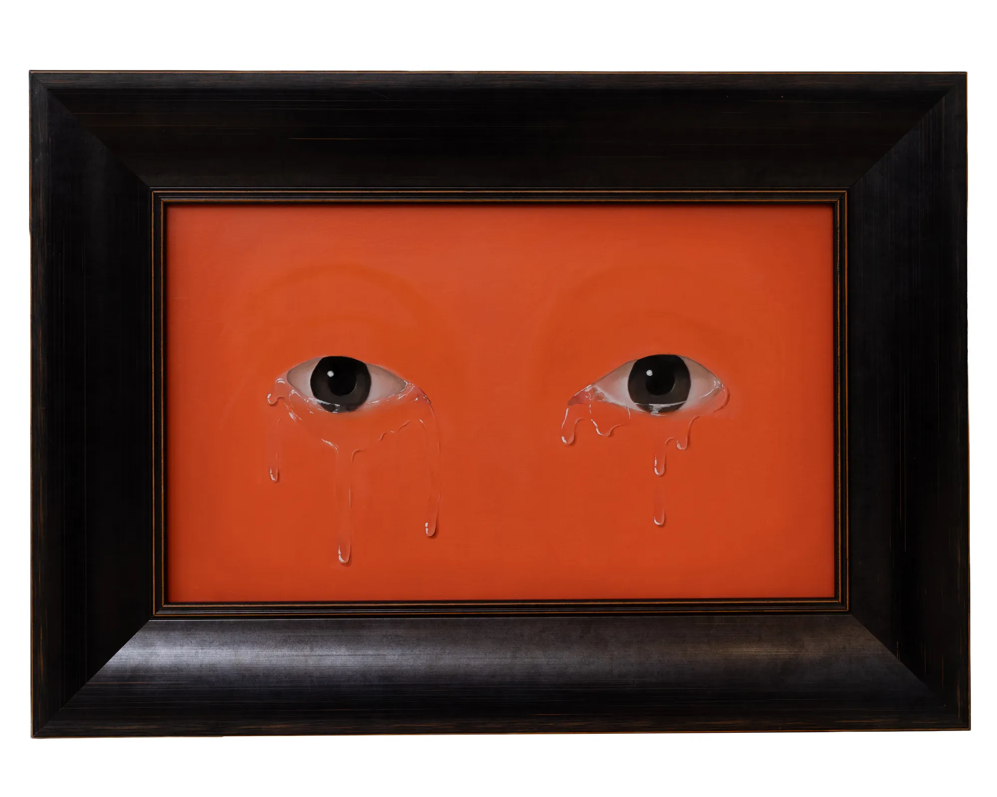 A picture of two eyes with tears of paint on an orange background.
