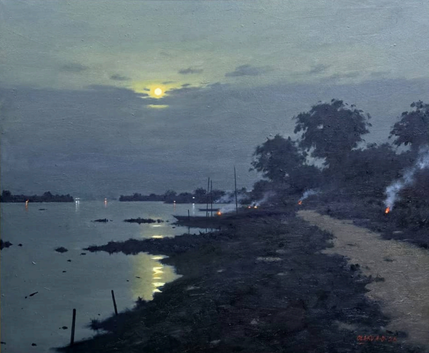 A moody landscape painting of a riverbank at twilight with a bright moon and distant fires.