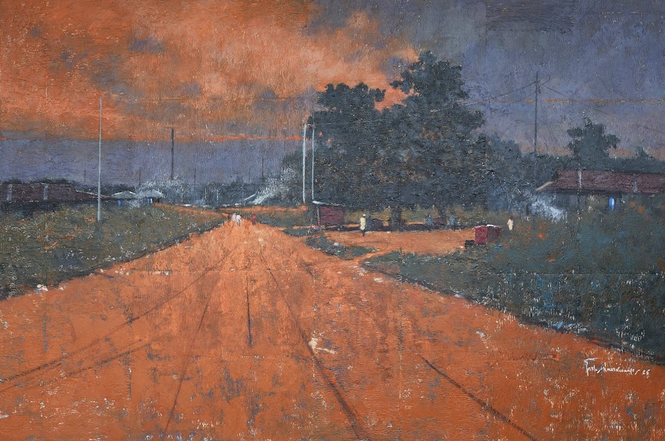 A rural road scene at twilight with a striking orange sky and distant figures.