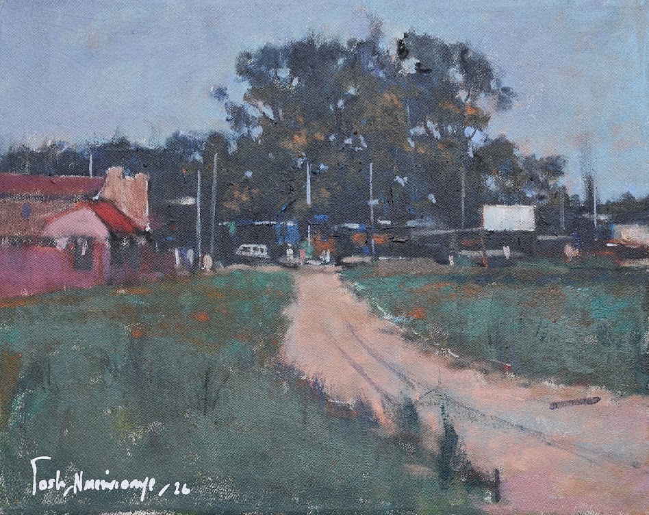 A rural landscape painting featuring a dirt road leading toward distant structures under a soft sky.
