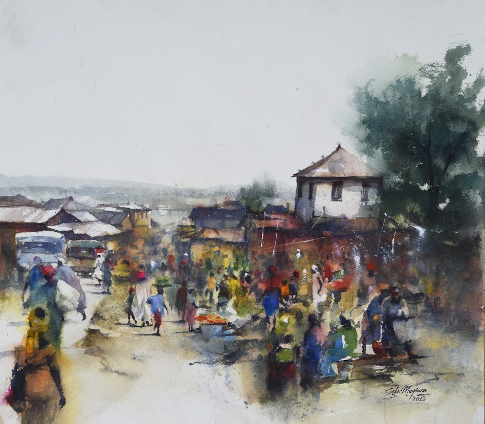 A watercolor scene of a bustling market street filled with people, vehicles, and buildings under an overcast sky.