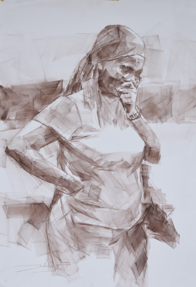 A monochromatic charcoal sketch of a figure in motion, rendered with sharp geometric angles and layered shading.
