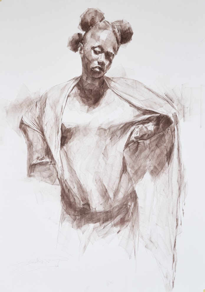 A monochromatic sketch of a figure with braided hair, rendered in loose, angular strokes.