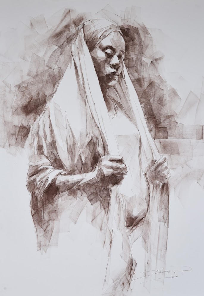 A monochromatic sketch of a figure in a flowing robe, rendered with sharp geometric shading and a solemn expression.