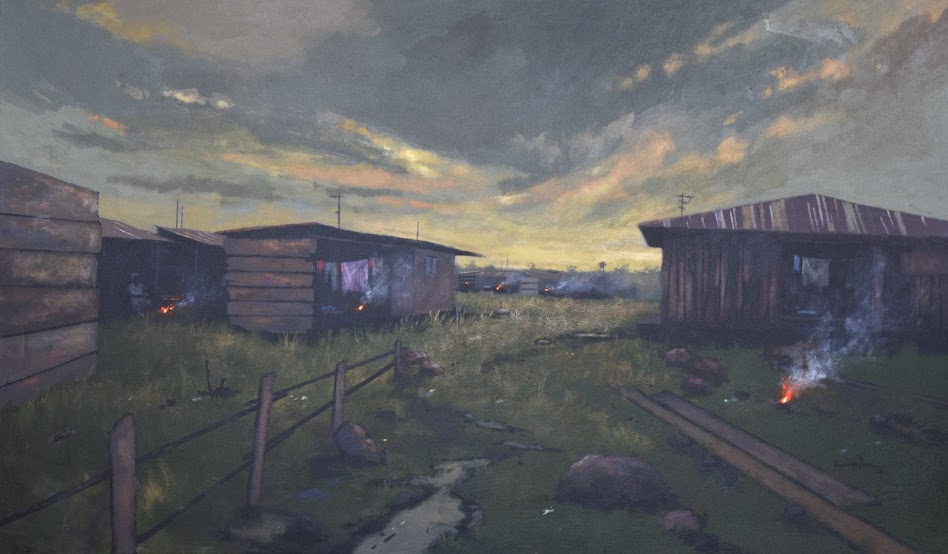 A desolate rural scene at dusk featuring weathered wooden structures and a smoky, overcast sky.
