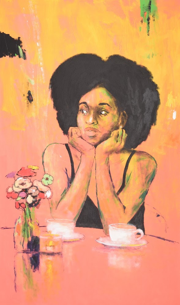 A contemplative figure rests their chin on their hands at a table with coffee cups and flowers.