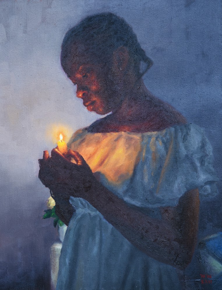 A contemplative figure holds a candle in a dimly lit, atmospheric scene.