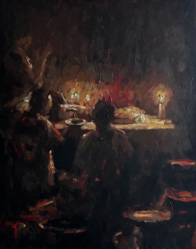 A dark, moody painting of a candlelit dinner scene with figures seated around a table.