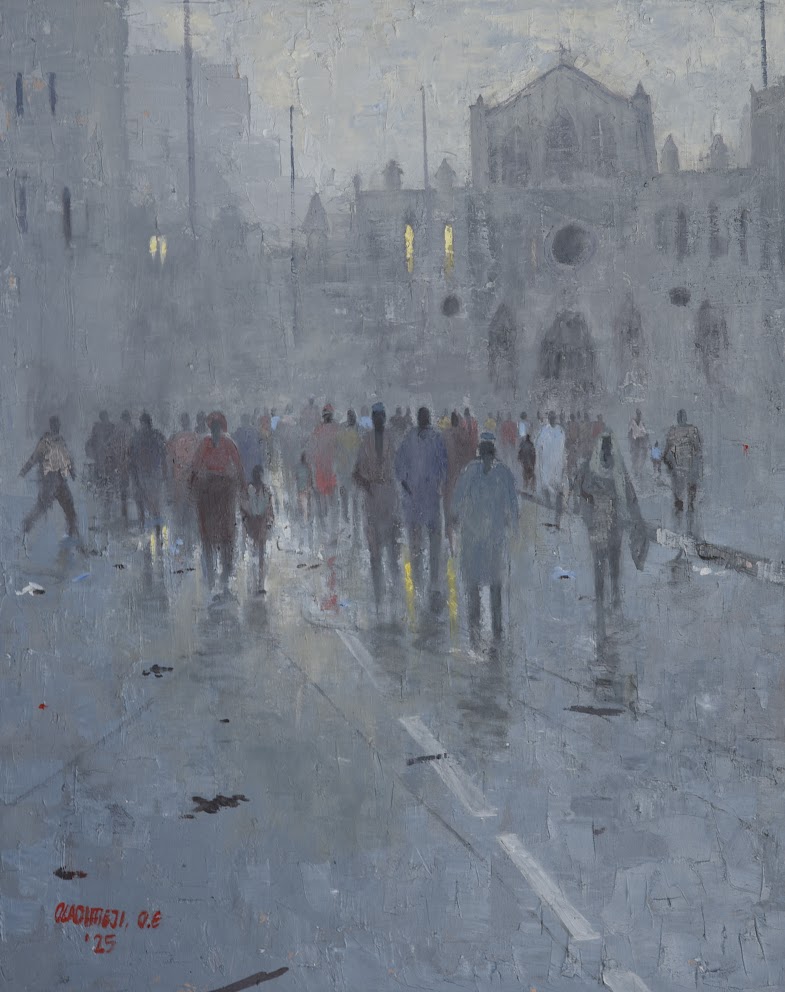 A moody, atmospheric street scene filled with a crowd of figures walking away from the viewer towards a large cathedral.