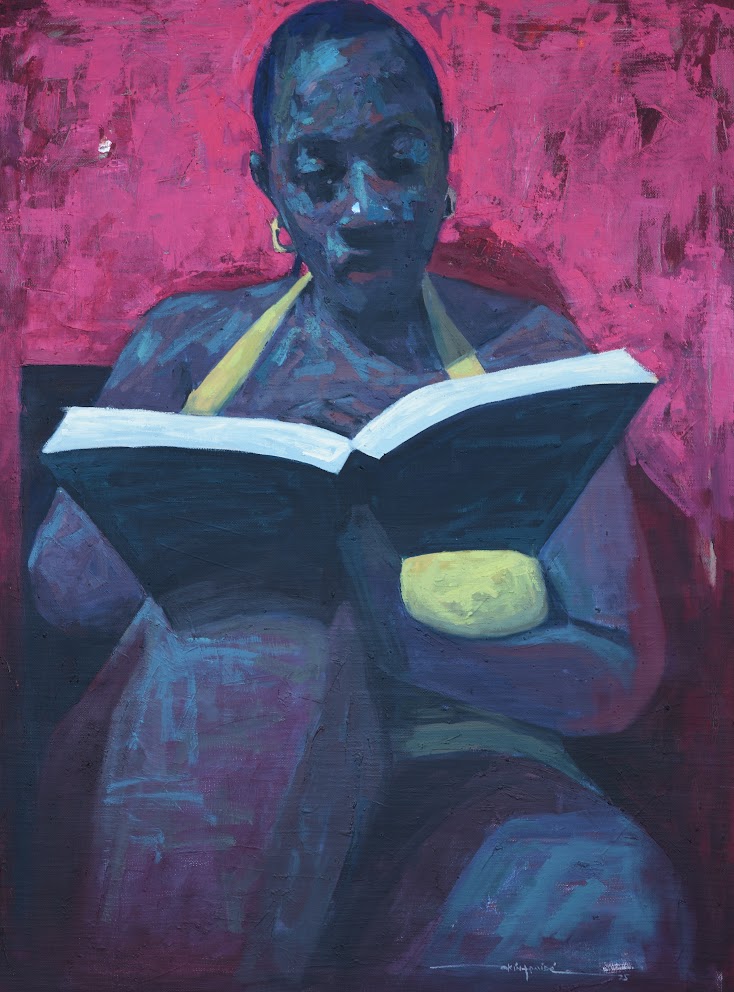 A figure in a yellow dress reads a book against a vibrant pink background.